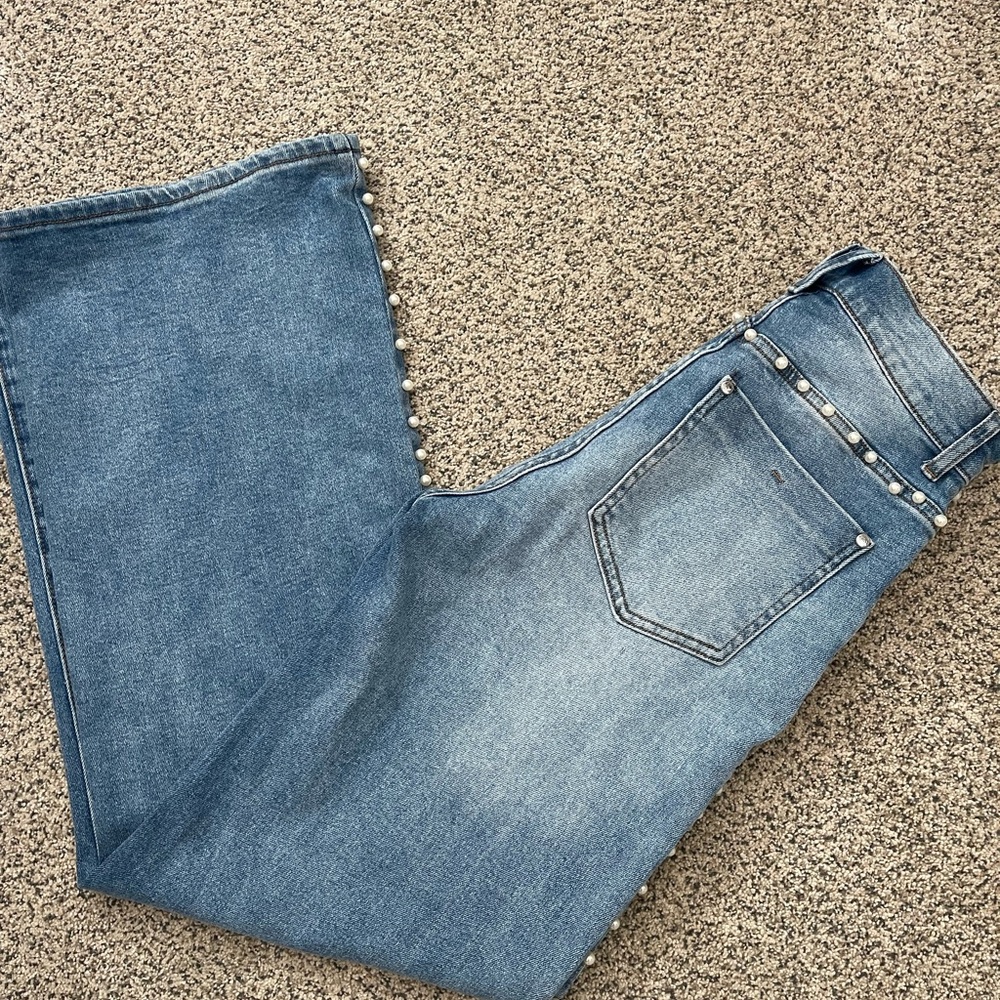 Blue Denim Jeans with Pearl Accents